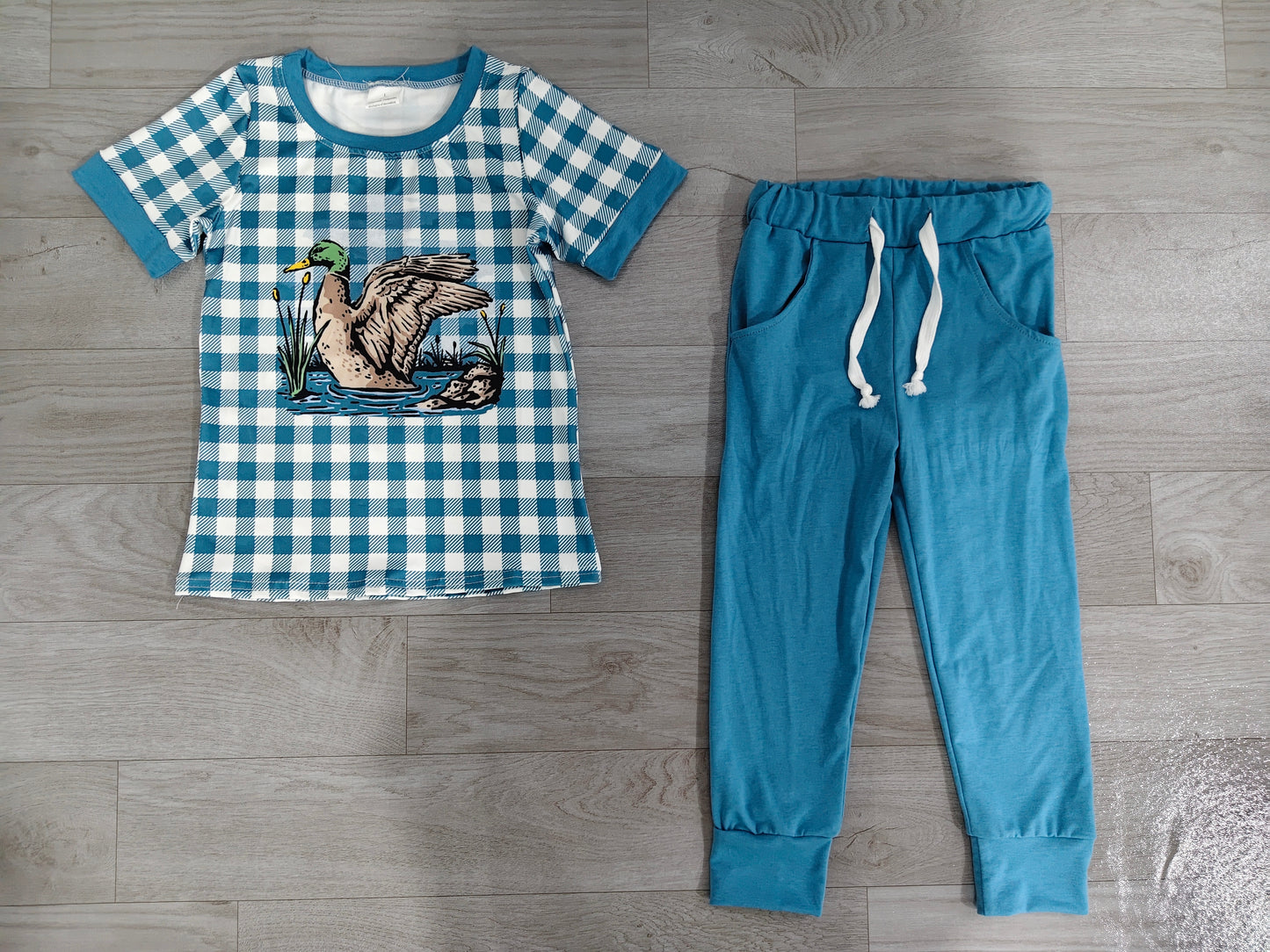 BSPO0690 Sample No Moq Baby Boys Blue Checked Ducks Top Pockets Jogger Hunting Clothes Sets