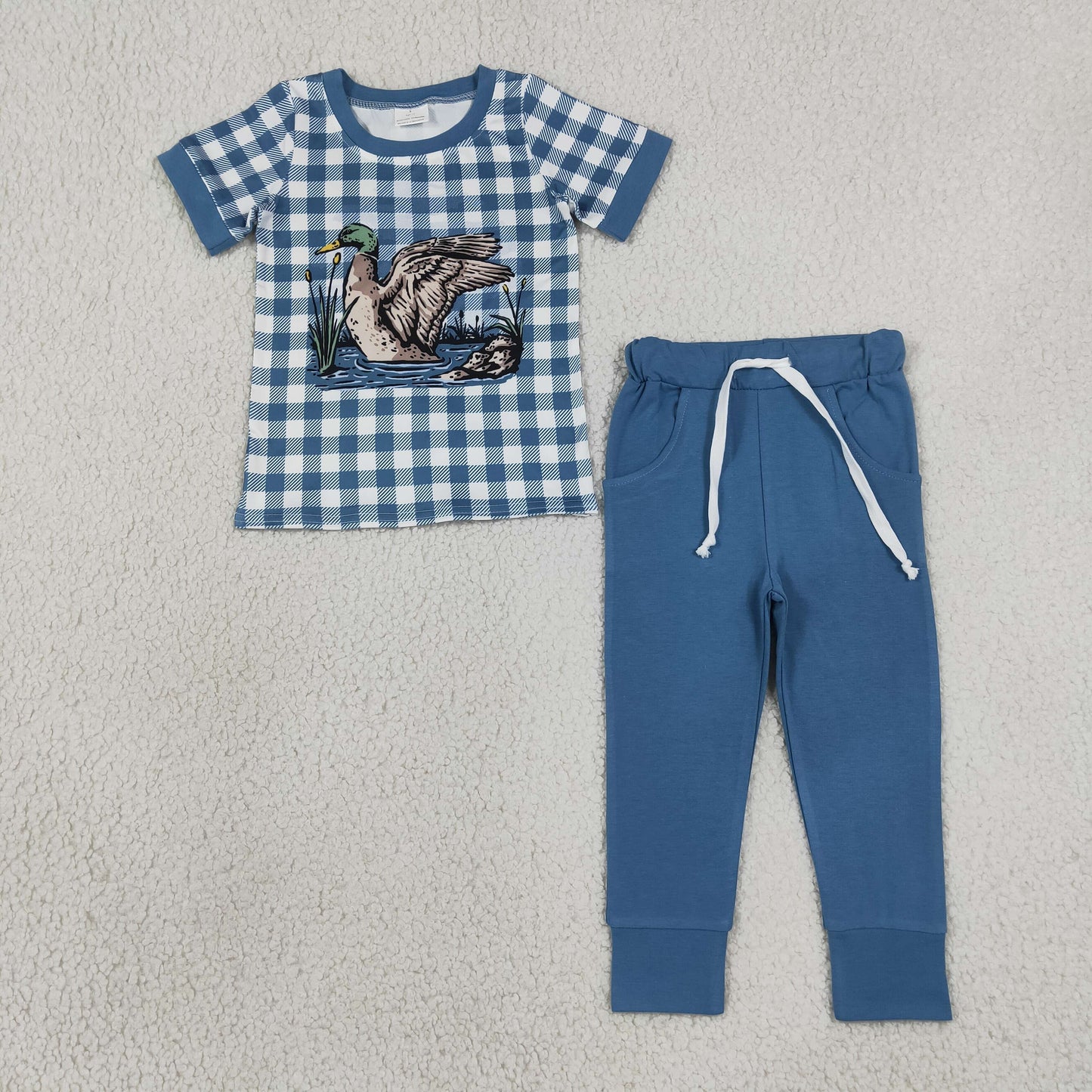 RTS NO MOQ Sibling milk silk Baby Boys Checked Ducks Top Pockets Jogger Hunting Clothes Sets