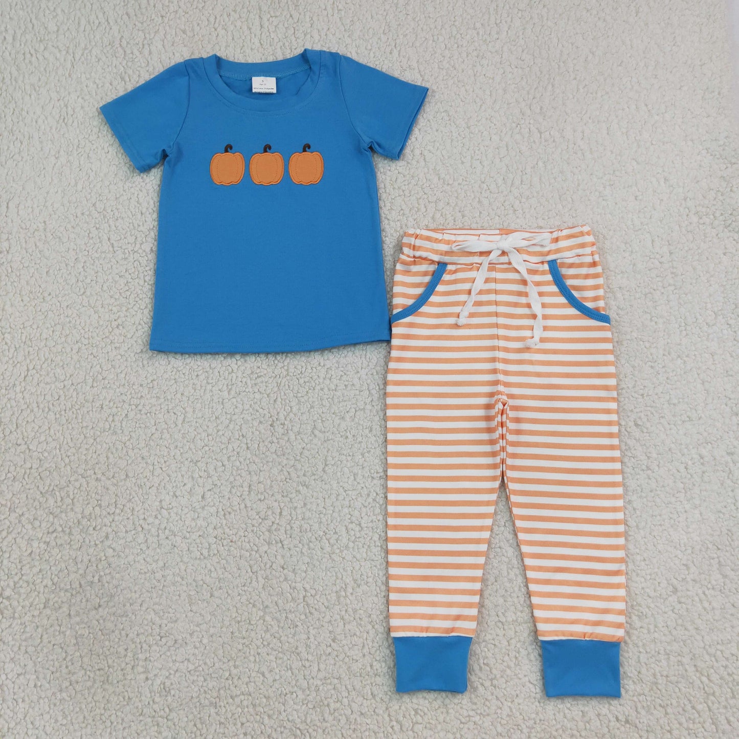 RTS NO MOQ Sibling milk silk Baby Boys Embroidery Pumpkins Short Sleeve Stripe Pockets Jogger Fall Clothes Sets Rompers