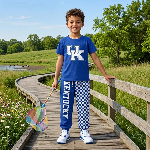 RTS NO MOQ （In stock）milk silk BSPO0696（BT1882+P1059）Baby Boys Hot Blue Print T Shirt Top With Pockets Matching Joggers Two Piece Team Clothes Set