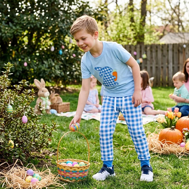 RTS NO MOQ （In stock）milk silk BSPO0705 Embroidery Baby Boys Rabbit Carrots Easter Long Sleeve Top Jogger Pants Sets