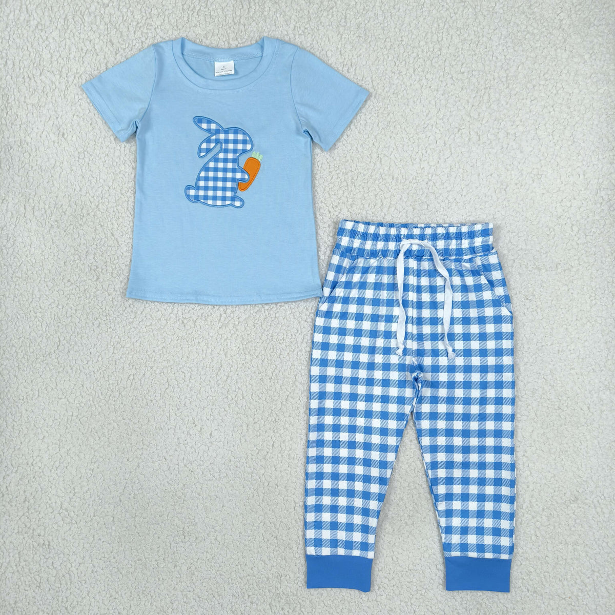 RTS NO MOQ （In stock）milk silk BSPO0705 Embroidery Baby Boys Rabbit Carrots Easter Long Sleeve Top Jogger Pants Sets
