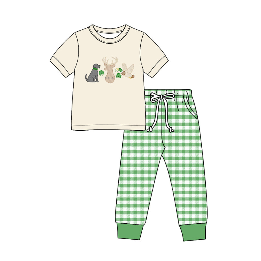 (Preorder new) No moq Baby Boys Dog Deer Duck Clover Embroidery Romper And Short Sleeve Top Pant Set