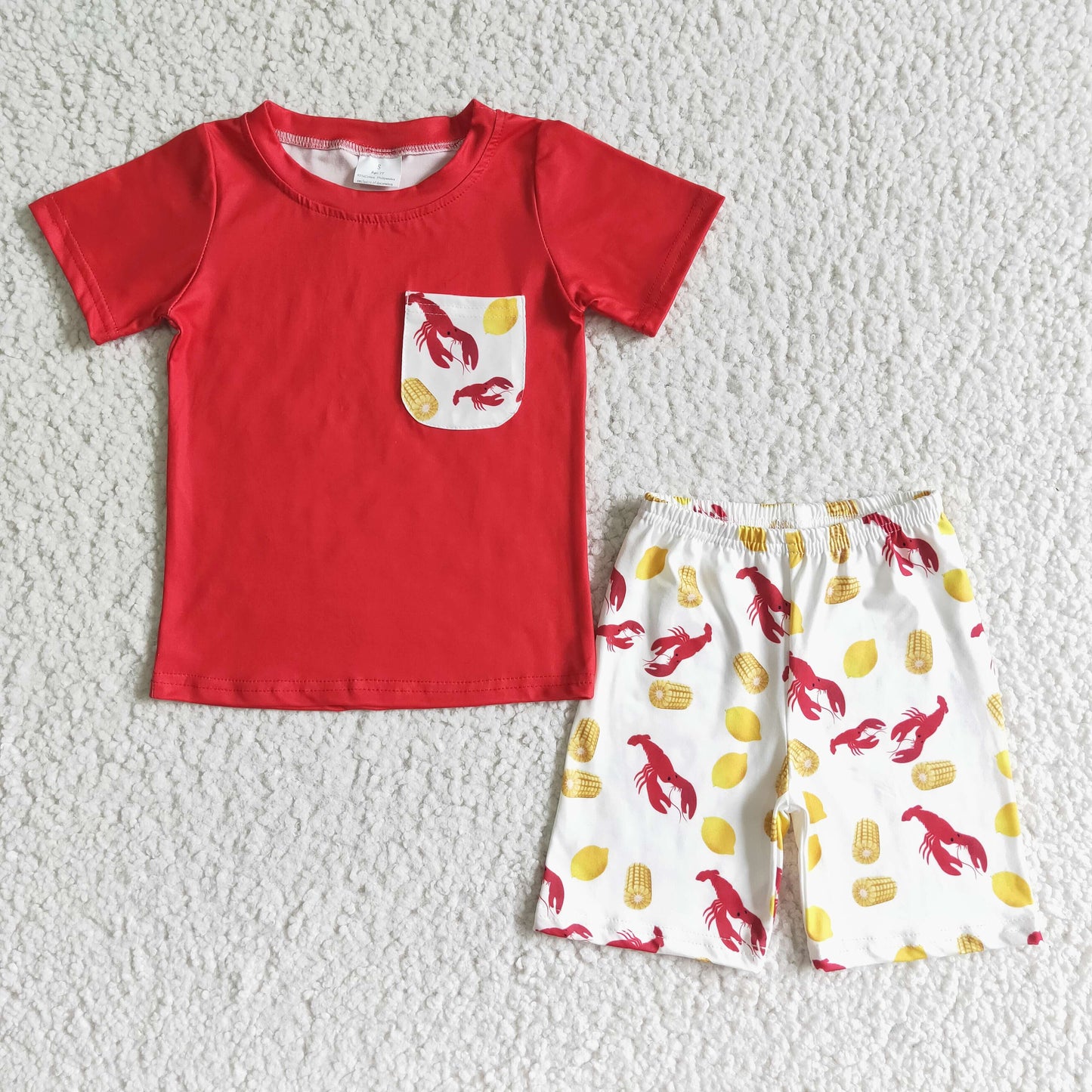 3.21 BSSO0006 RTS No Moq Promotion Baby Boys Summer Short Sleeve Red lobster pocket tee shirt shorts sets