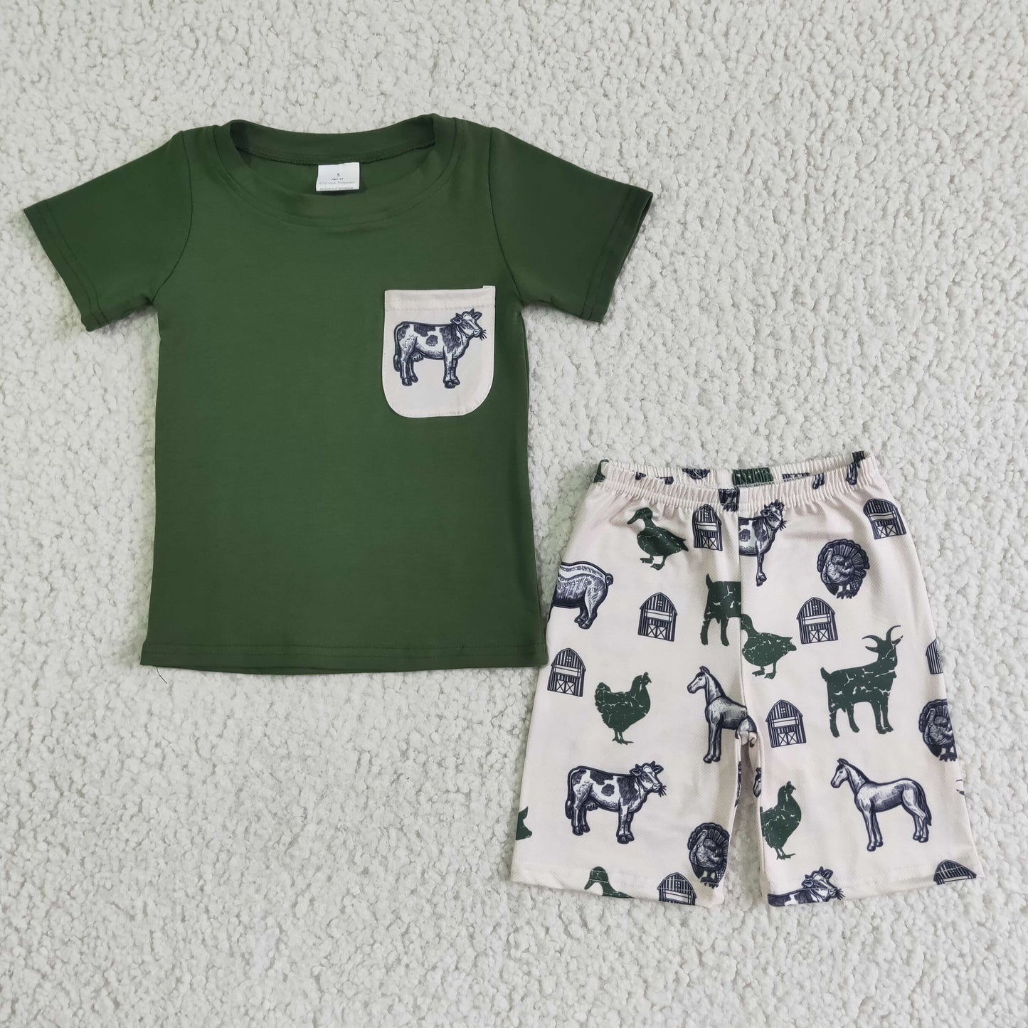 3.21 BSSO0046  RTS No Moq Promotion Baby Boys Summer Short Sleeve Green farm life pocket shorts sets