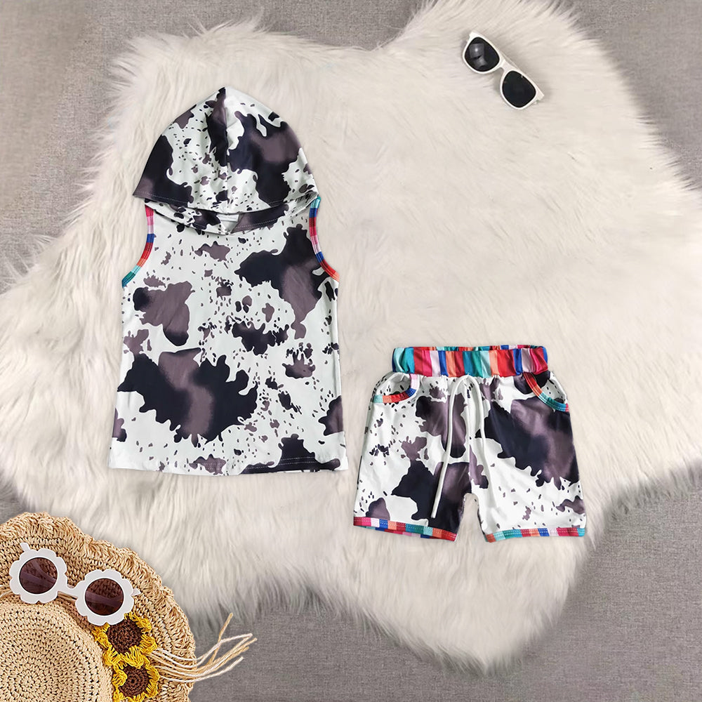 8.15 RTS Sibling Baby Boys Summer Boys Outfits Horse print sleeveless boy rodeo hoodie set