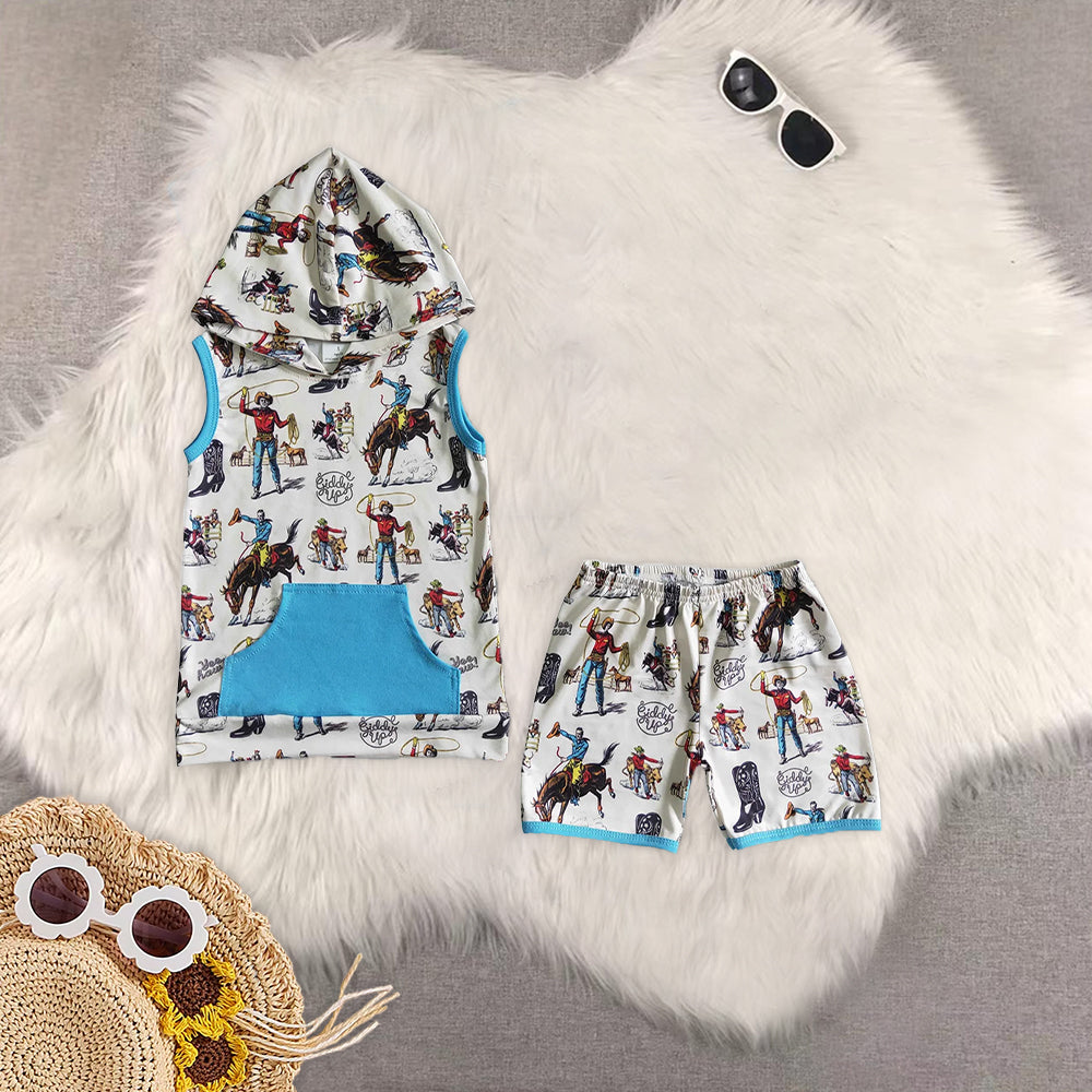 8.15 RTS Sibling Baby Boys Summer Boys Outfits Horse print sleeveless boy rodeo hoodie set