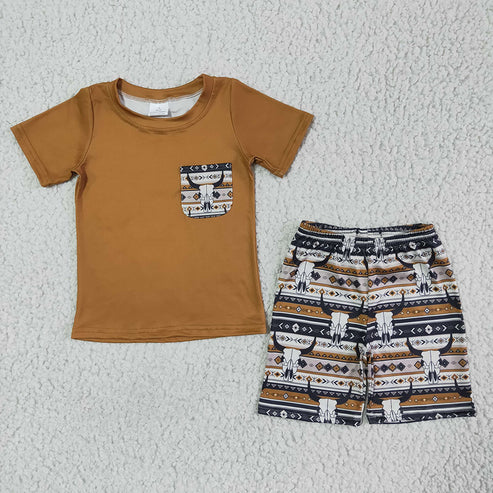 11.15 RTS Sibling Baby Boys Western Cow Pocket Top Shorts Clothes Sets