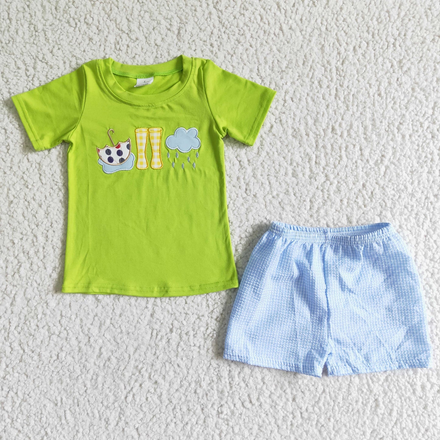 3.21 BSSO0082  RTS No Moq Promotion Baby Boys Summer Short Sleeve blue umbrella rain boots summer shorts