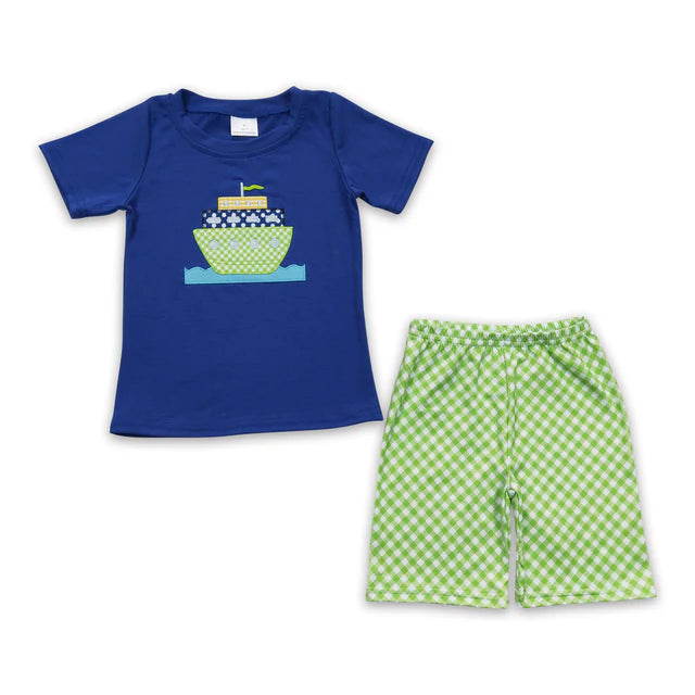 BSSO0097 Sales New RTS No Moq  Promotion Boat embroidery shirt plaid shorts boy summer outfits