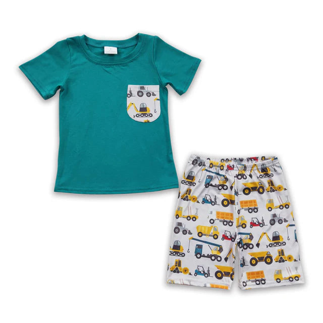 BSSO0118 Sales New RTS No Moq Promotion Excavator pocket shirt shorts kids boy summer outfits