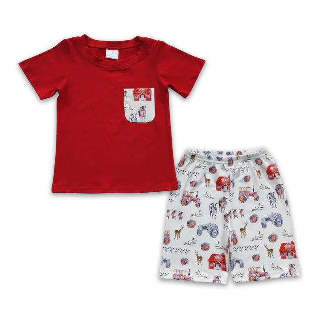 BSSO0120 Sales New RTS No Moq Promotion Red pocket shirt cow farm shorts kids boy summer outfits