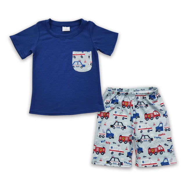 BSSO0121 Sales New RTS No Moq Promotion Blue pocket shirt cars shorts kids boy summer outfits