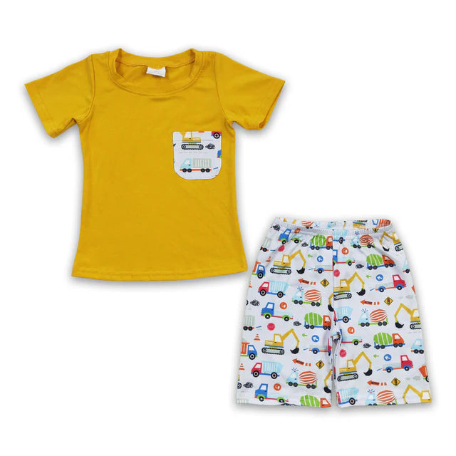 BSSO0122 Sales New RTS No Moq Promotion Yellow pocket shirt excavator shorts kids boy summer outfits
