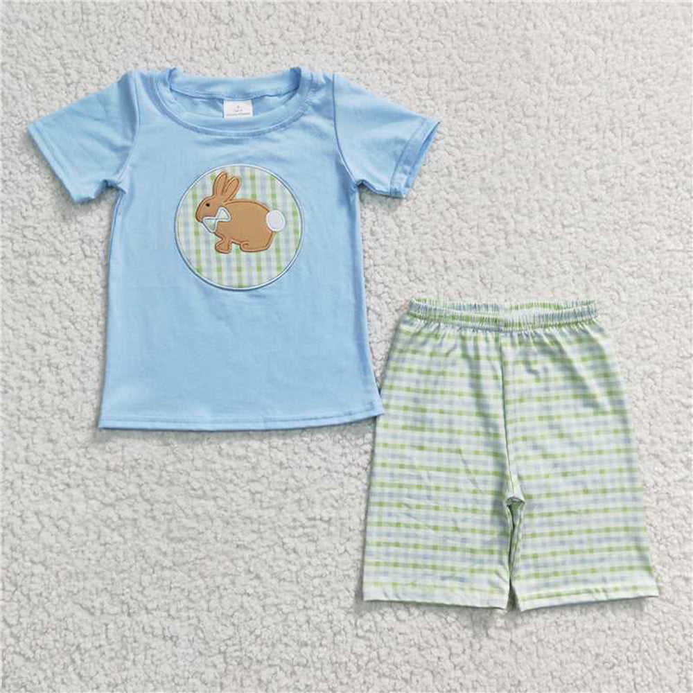 BSSO0130 RTS NO MOQ Rabbit embroidery cotton shirt plaid shorts boy easter outfits