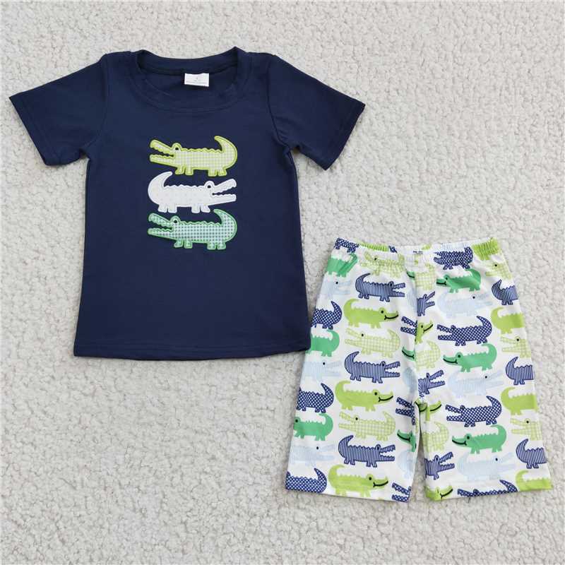 8.12   Sibling Crocodile embroidery cotton shirt shorts kids girls boys outfits