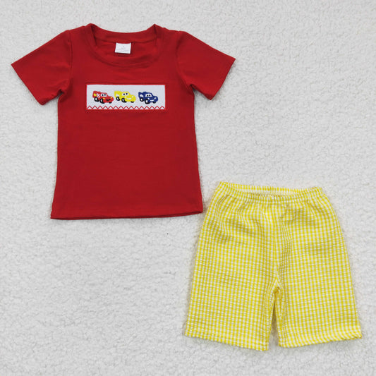 3.14 BSSO0133  RTS No Moq Promotion Baby Boys Summer Short Sleeve Car Red Summer Shorts Clothes Sets
