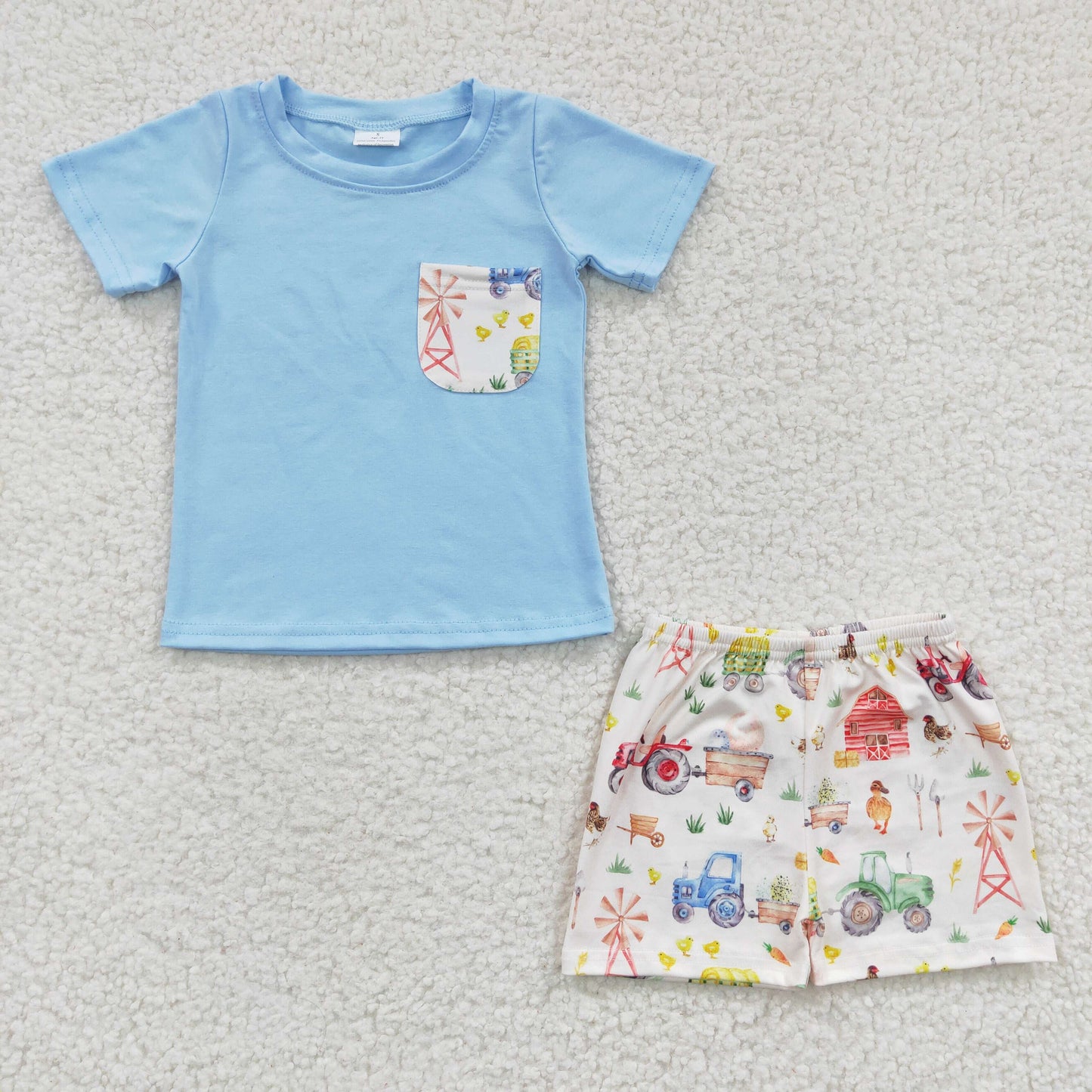3.7 BSSO0142 RTS No Moq Promotion Baby Boys Summer Farm Light Blue Shorts Sets