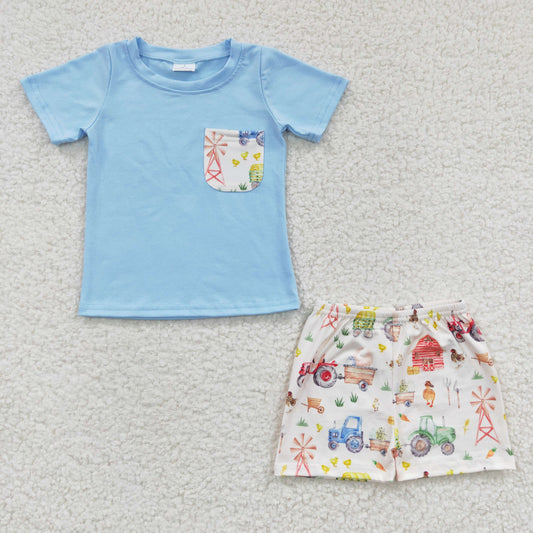 3.7 BSSO0142 RTS No Moq Promotion Baby Boys Summer Farm Light Blue Shorts Sets