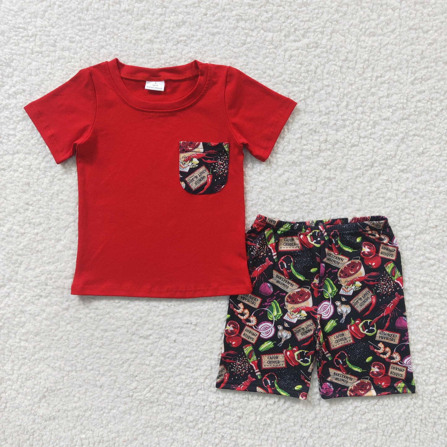 BSSO0165 Sales New RTS No Moq Promotion Blue cotton pocket shirt crawfish shorts kids boy clothing set