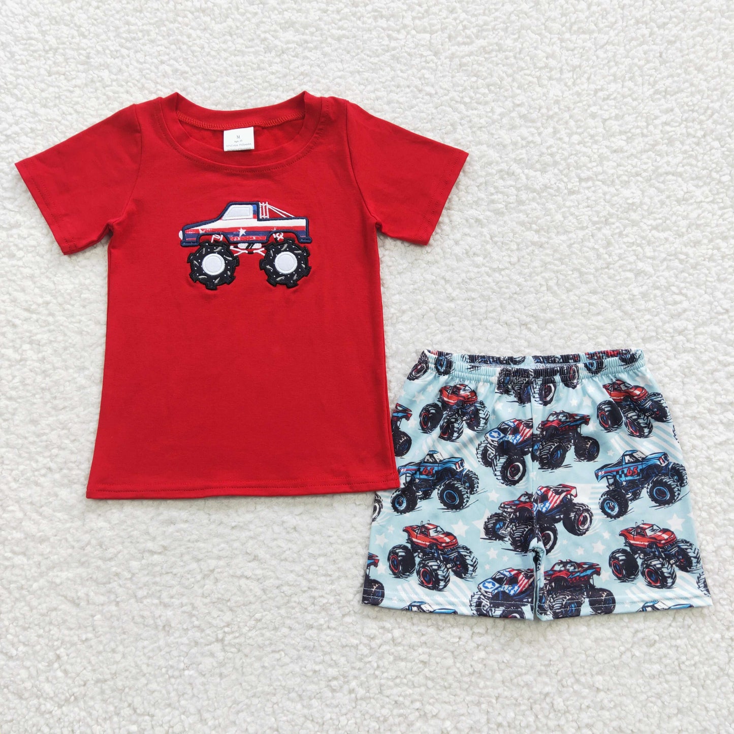BSSO0185  Sales New RTS No Moq Promotion Truck embroidery shirt shorts kids boy summer clothes