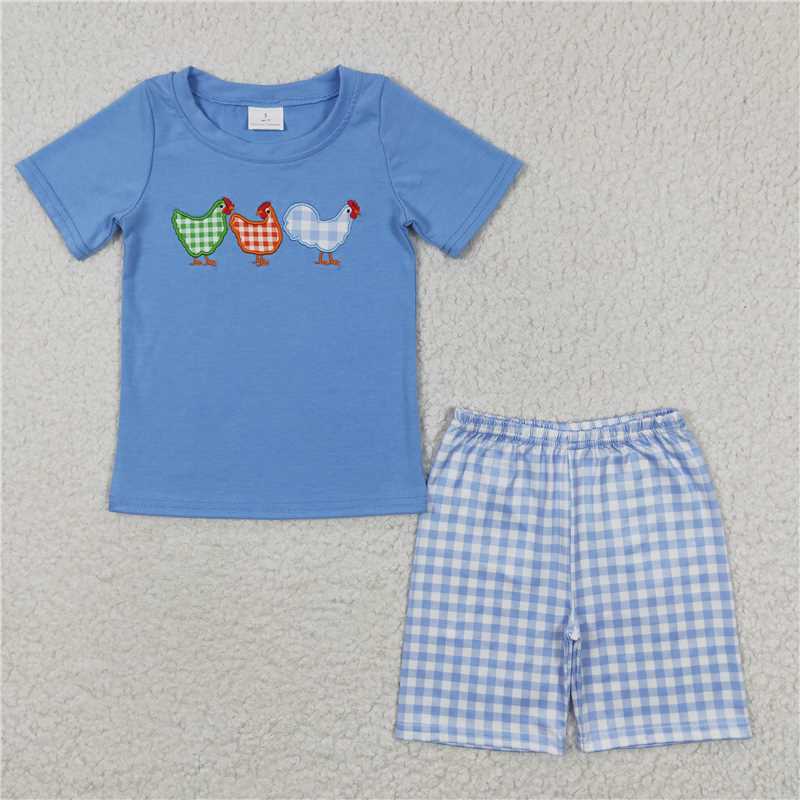 7.16  RTS NO MOQ Blue chicken shirt shorts kids boy clothes rompers