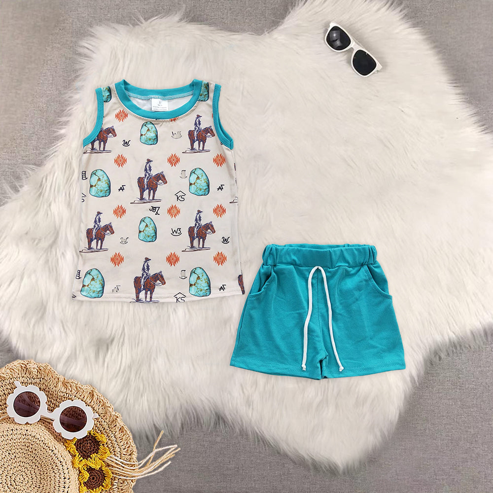 8.02 RTS Sibling Baby Boys Summer Boys Outfits Sleeveless horse rodeo aztec shirt shorts boy outfits