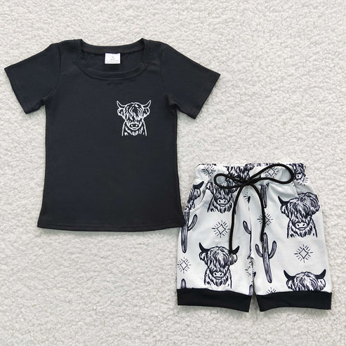 11.15 RTS Sibling Baby Boys Western Cow Pocket Top Shorts Clothes Sets