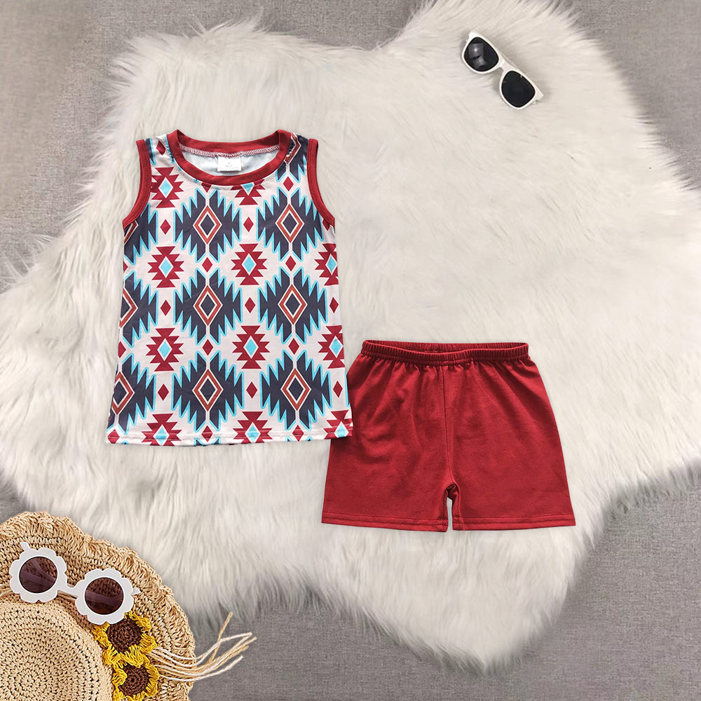 8.02 RTS Sibling Baby Boys Summer Boys Outfits Sleeveless horse rodeo aztec shirt shorts boy outfits