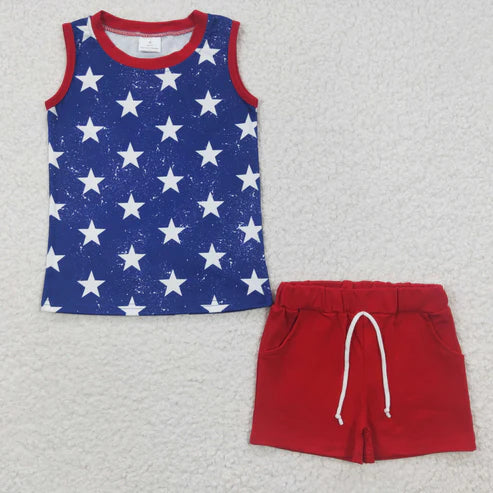 11.8 RTS Sibling Baby Boys 4th Of July Stars Sleeveless Tee Shirts Shorts Sets