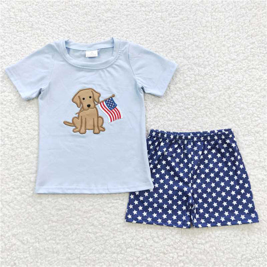 BSSO0227Boy's 4th of July Outfit Dog Flag Embroidery Shirt with Stars Shorts Patriotic US Independence Day Children's Clothing