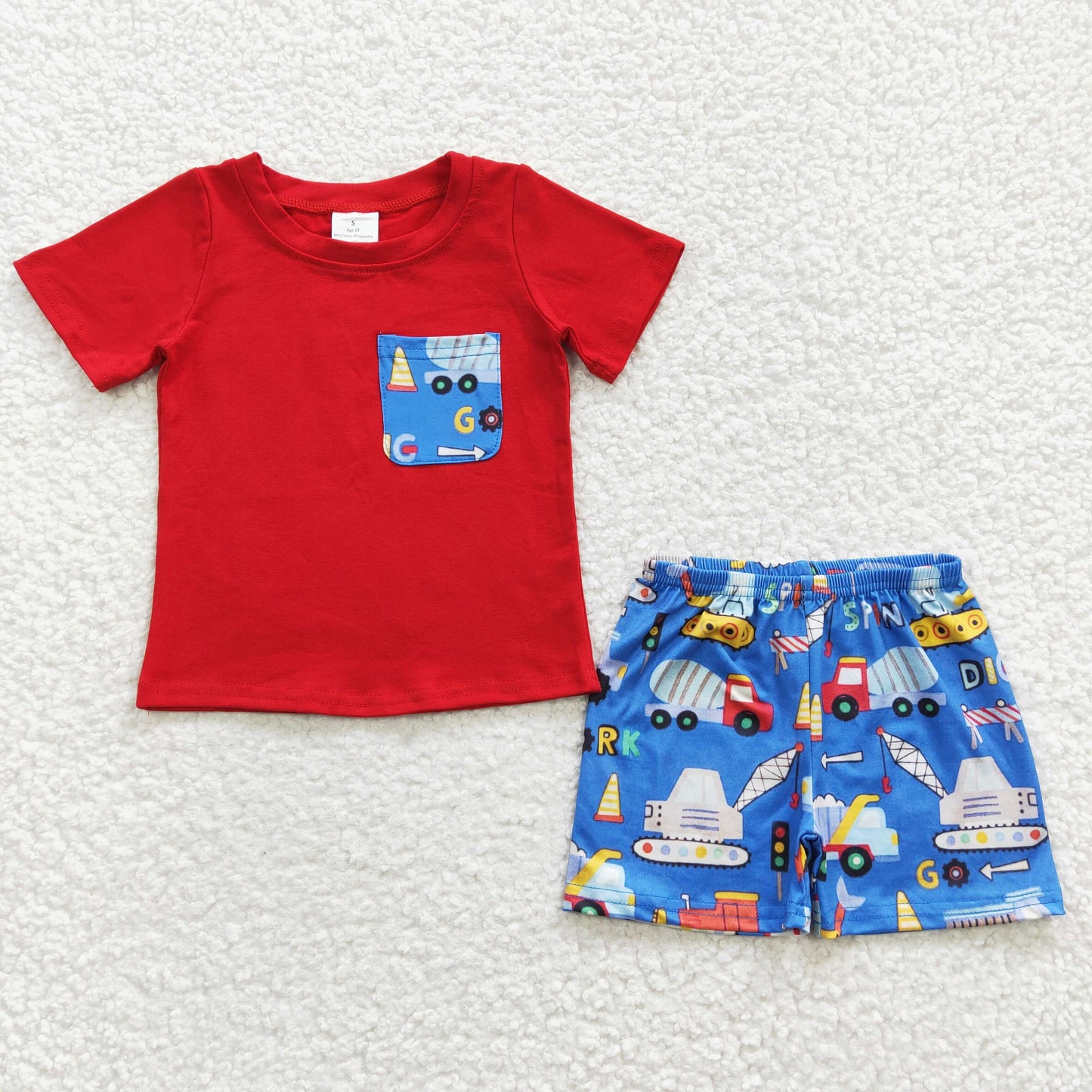 BSSO0233 Sales New RTS No Moq Red pocket top construction trucks shorts baby boy clothes