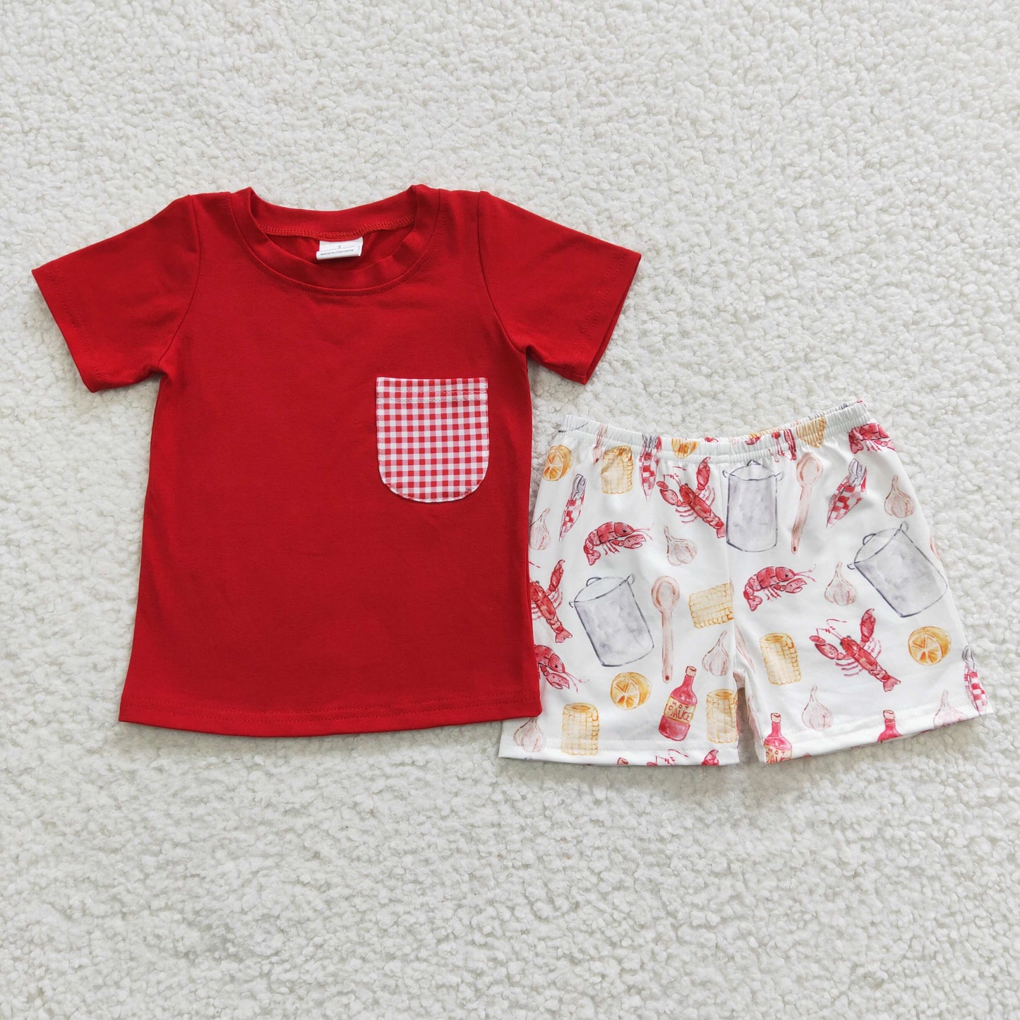 BSSO0250 Sales New RTS No Moq Promotion Red pocket shirt crawfish corn shorts boy clothing set