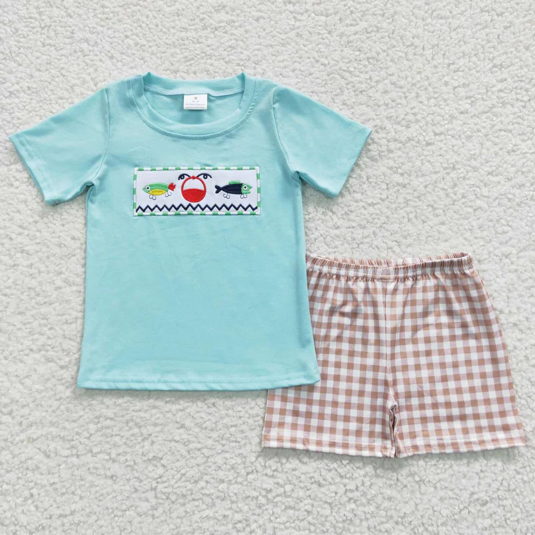 12.16 RTS Sibling Baby Boys Short Sleeve Embroidery Fishing Top Shorts Hunting Clothes Sets