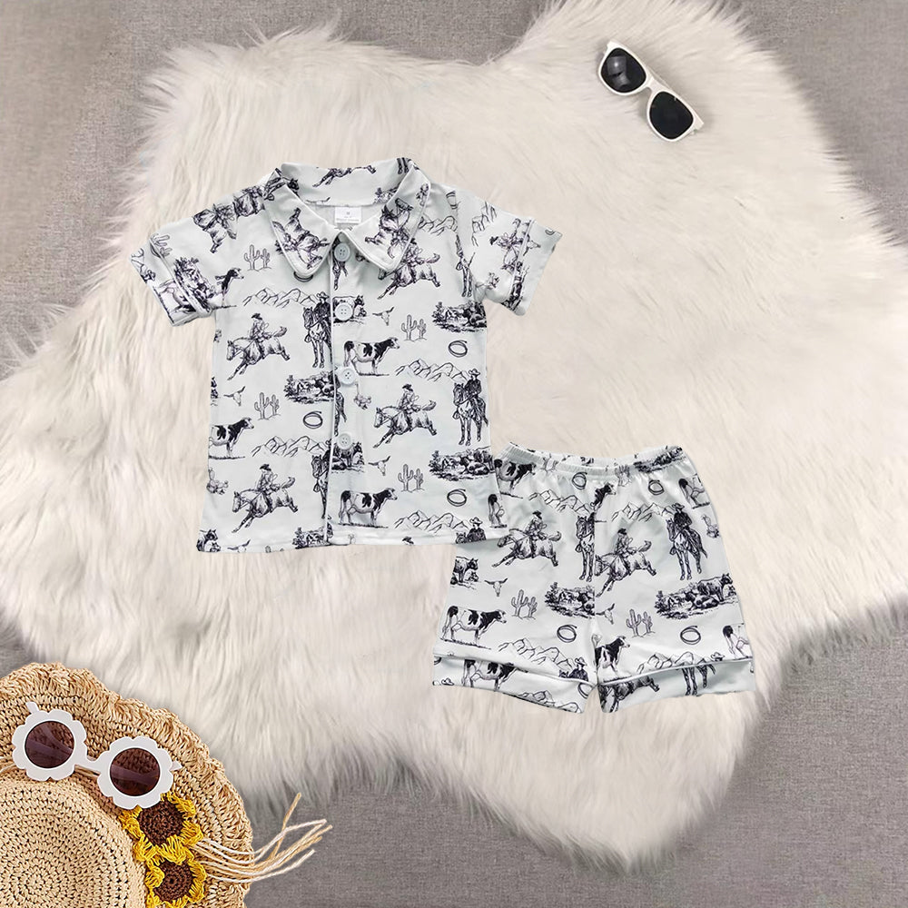 8.02 RTS Sibling Baby Boys Summer Pajamas Outfits Short sleeves cow cactus western baby kids summer pajamas
