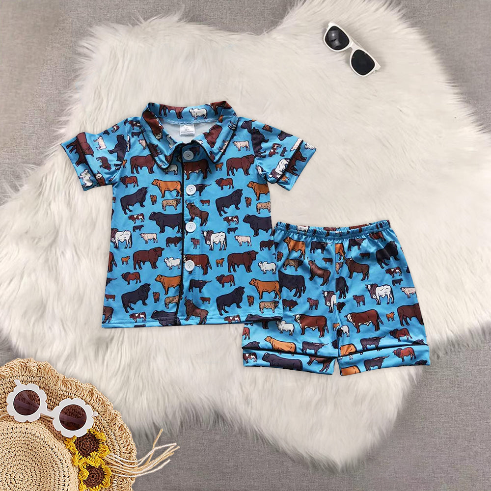 8.02 RTS Sibling Baby Boys Summer Pajamas Outfits Short sleeves cow cactus western baby kids summer pajamas