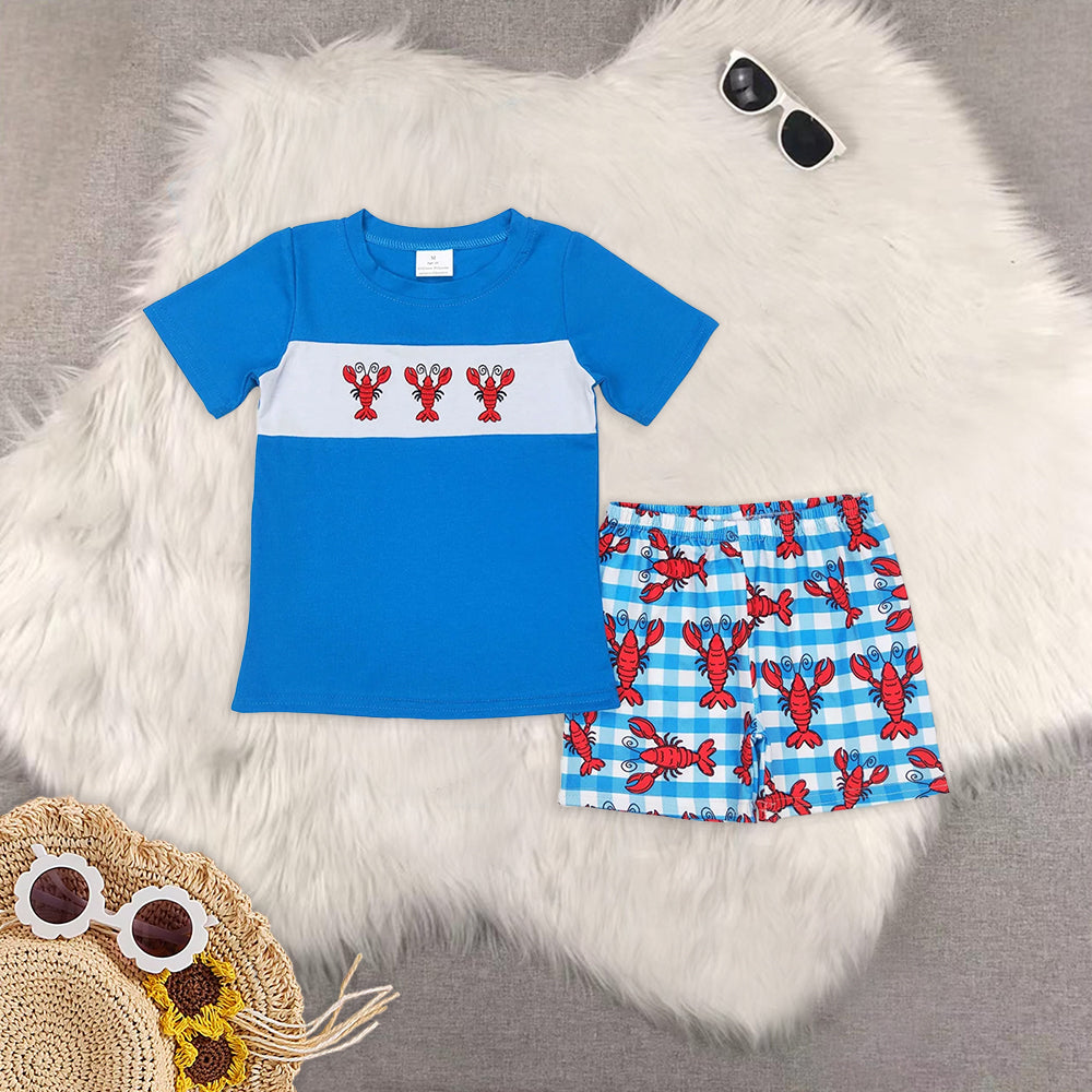 8.12  RTS Sibling Blue short sleeves crawfish top plaid shorts boy outfits