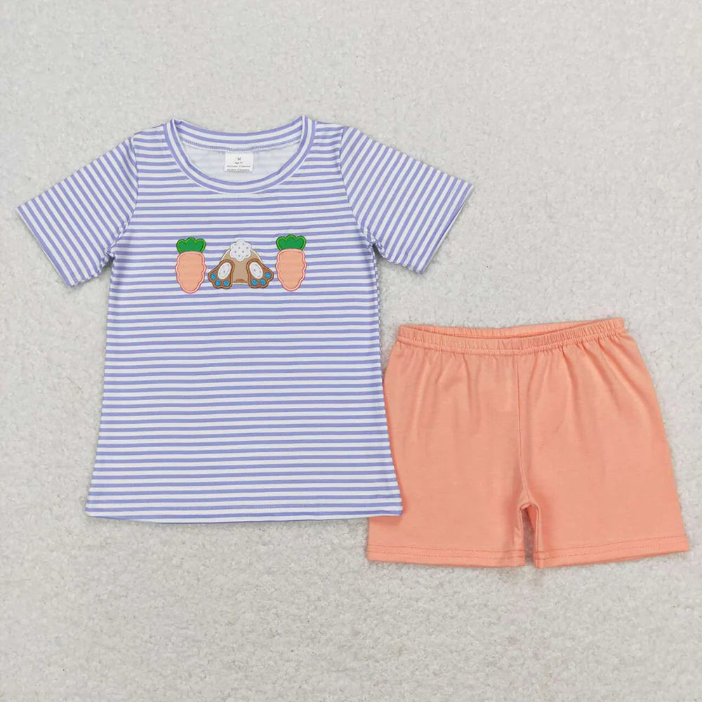 1.17 RTS Sibling Baby Kids Embroidery Carrot Rabbit Stripe Top Shorts Easter Clothes Set Rompers