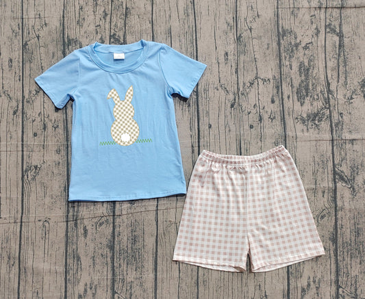 1.19 BSSO0305 Sample No Moq Embroidery Rabbits Baby Boys Blue Shirt Checked Shorts Easter Clothes Sets