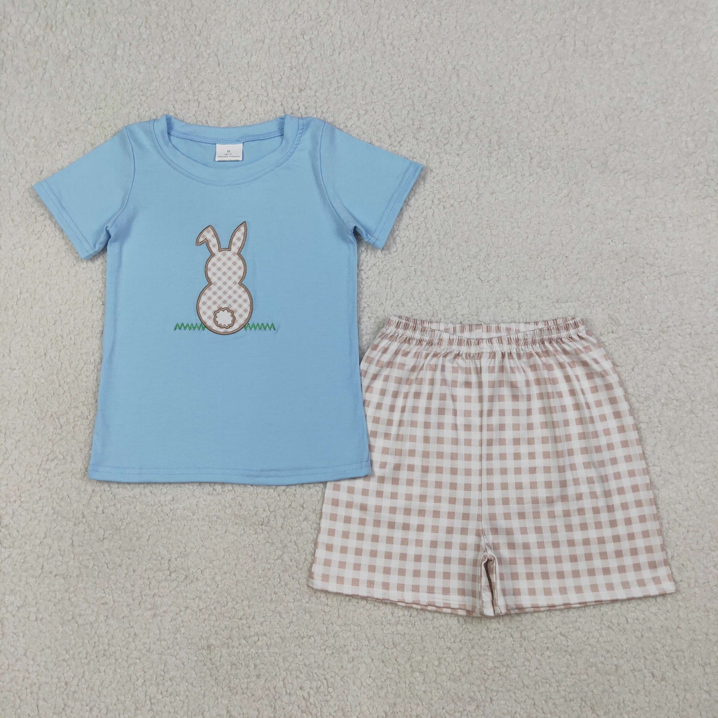 3.19 RTS NO MOQ （In stock）BSSO0305 Fashion Clothing For Baby Boys Embroidery Rabbit Shirt Checked Shorts Easter Clothes Sets