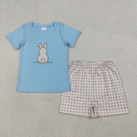 3.19 RTS NO MOQ （In stock）BSSO0305 Fashion Clothing For Baby Boys Embroidery Rabbit Shirt Checked Shorts Easter Clothes Sets