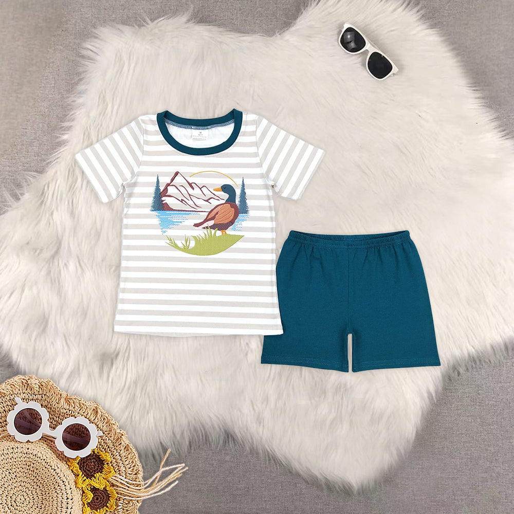 8.15 RTS Sibling Baby Boys Summer Boys Outfits Grey stripe dog top olive shorts kids boys summer outfits