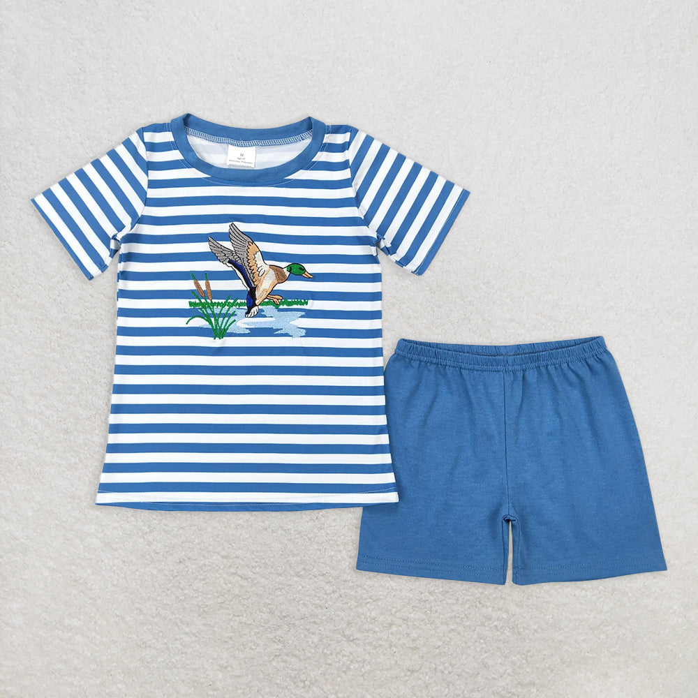 BSSO0308 RTS NO MOQBaby Boys Summer Boys Outfits Baby Boys Blue Stripes Duck Tee Shirts Tops Shorts Clothing Sets