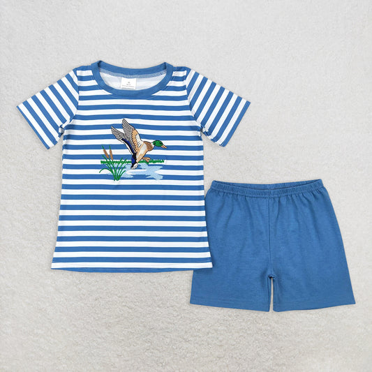 BSSO0308 RTS NO MOQBaby Boys Summer Boys Outfits Baby Boys Blue Stripes Duck Tee Shirts Tops Shorts Clothing Sets