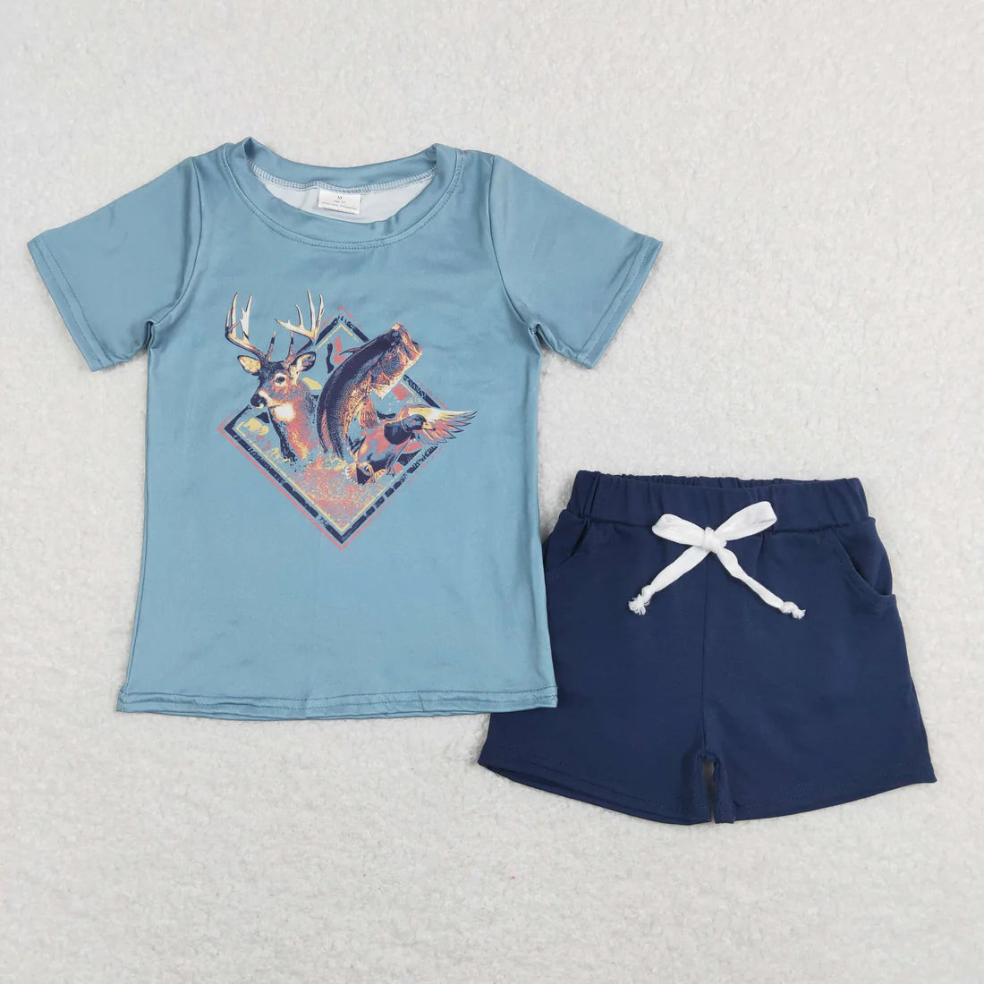 12.19 RTS Sibling Baby Boys Short Sleeve Dogs Ducks Fishing Print Top Shorts Hunting Clothes Sets