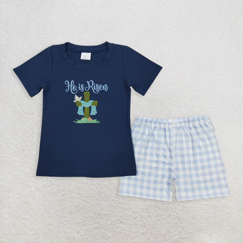 8.14 RTS Sibling He is risen cross top plaid shorts boy easter outfits