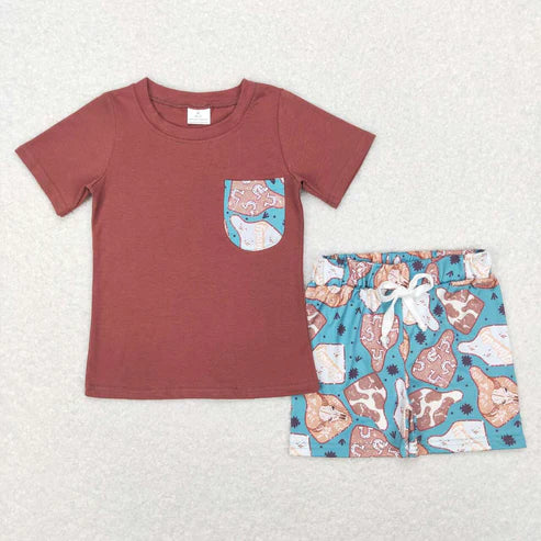 11.15 RTS Sibling Baby Boys Western Cow Pocket Top Shorts Clothes Sets