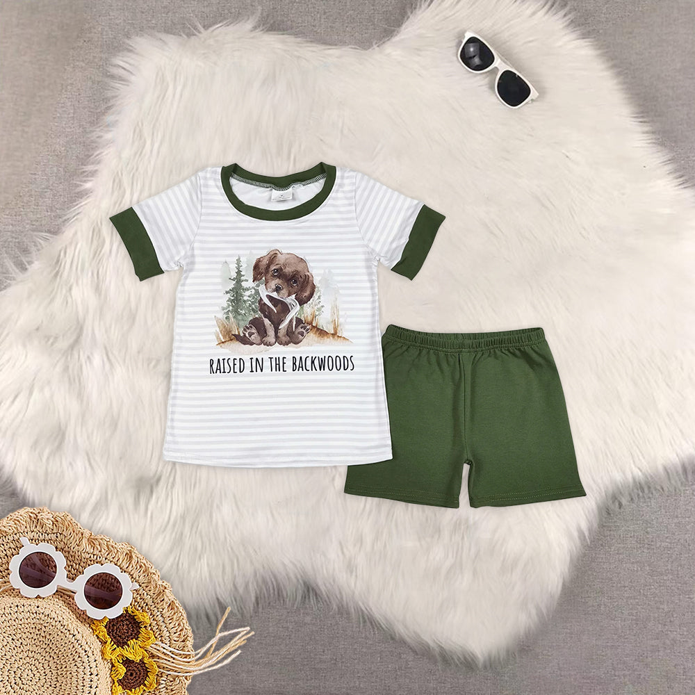 8.15 RTS Sibling Baby Boys Summer Boys Outfits Grey stripe dog top olive shorts kids boys summer outfits