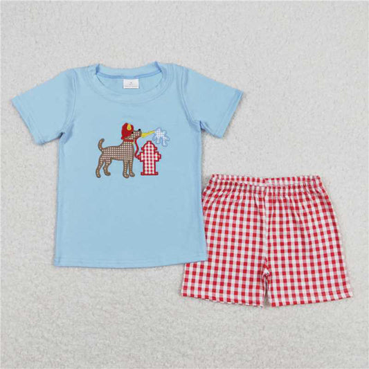 BSSO0377 New Rts No Moq 8-9 Days By Air Arrived it Back the Red Dog Plaid Shorts Kids Boys Outfits Top Matching Set Boys Clothing Plaid Pattern Comfortable Fit for Children