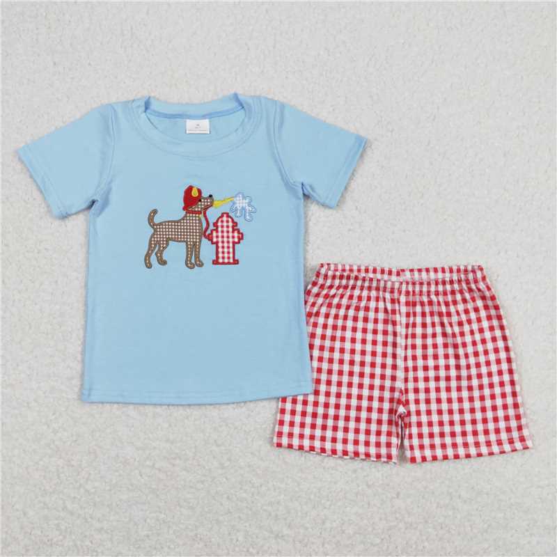 6.07   Back the Red Dog Plaid Shorts Kids Boys Outfits Top Matching Set Boys Clothing Plaid Pattern Comfortable Fit for Children